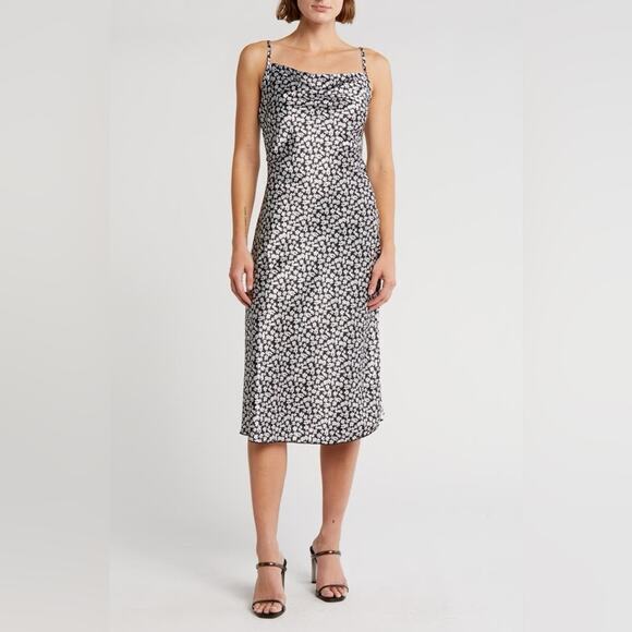 Bebe Floral Daisy Printed Satin Cowl Neck‎ Midi Dress Black White Medium Dainty - Picture 3 of 13